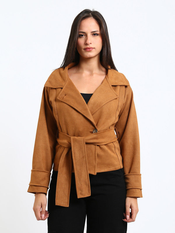 Suede Plain Wrap Jacket – Camel