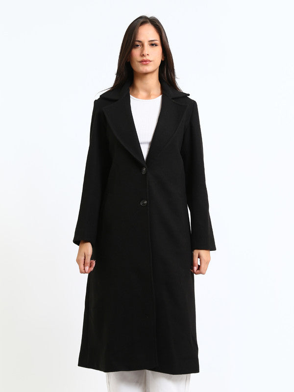 Wool Blend Felt Plain Two Button Long Coat – Black
