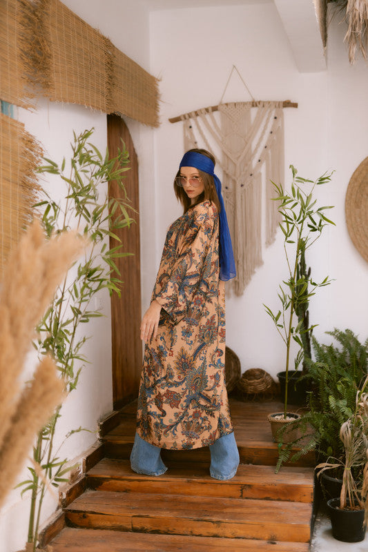 Satin Paisley Kimono – Beige & Blue