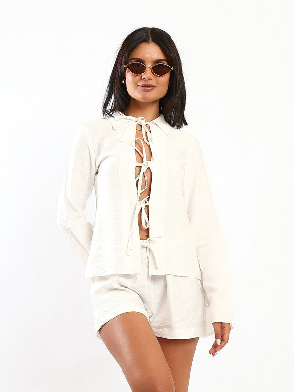 Solid Lace-Up Linen Set – White