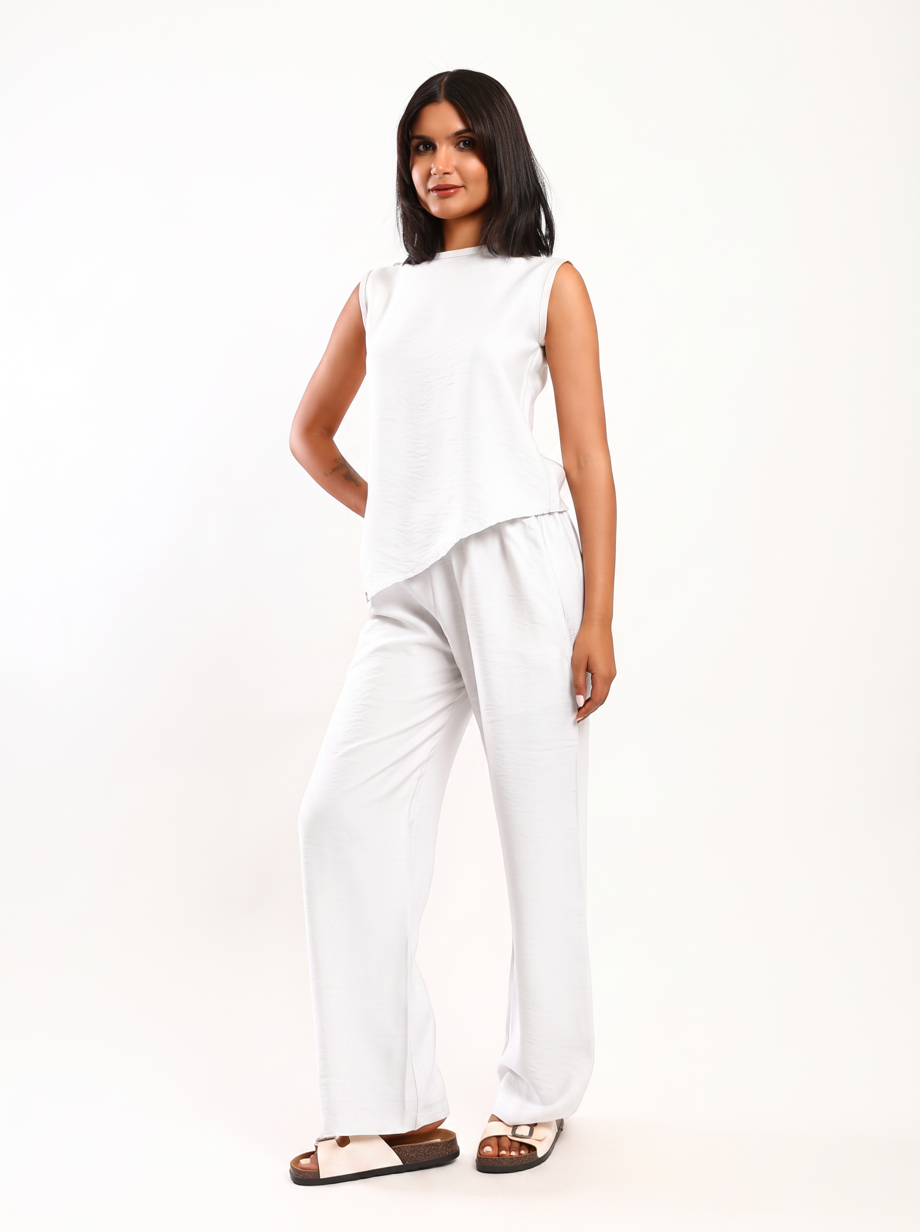 Solid Asymmetric Linen Pant Set – White