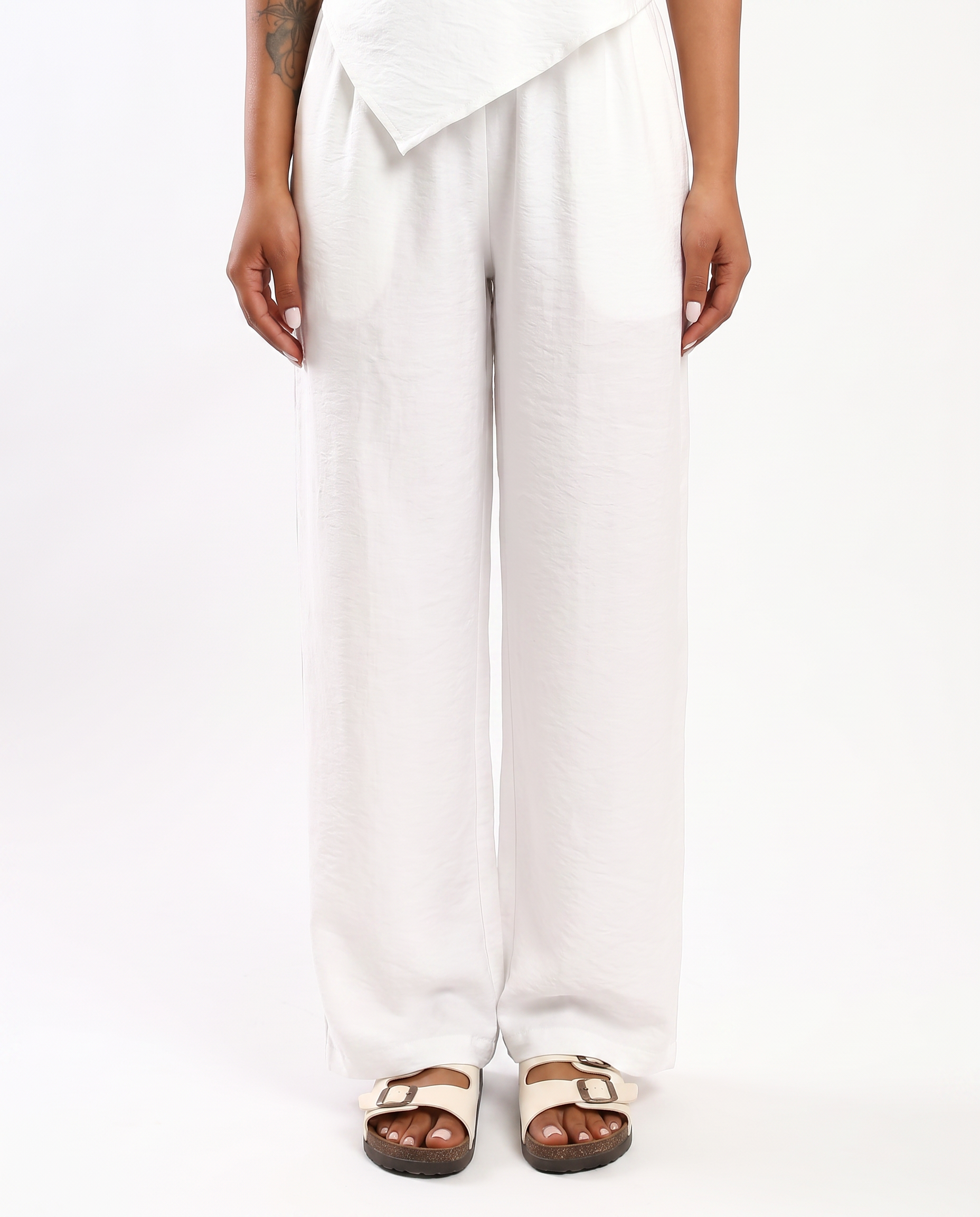 Solid Wide-Leg Linen Pants – White