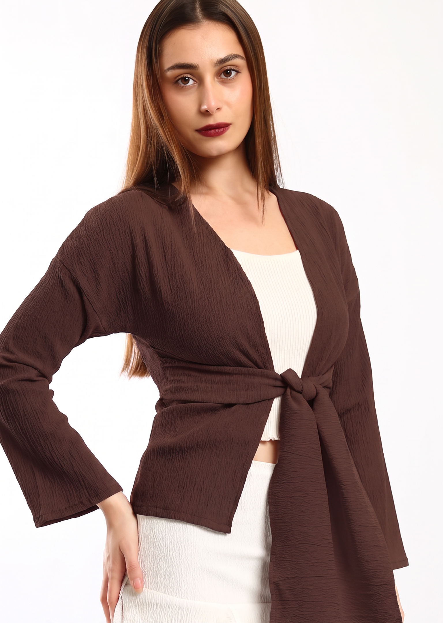Solid Tie-Front Long Sleeve Top – Dark Brown