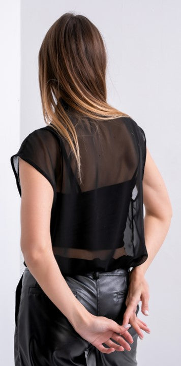 Chiffon Bow Tie Sleeveless Blouse - Black