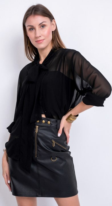 Chiffon Long Sleeve Blouse - Black