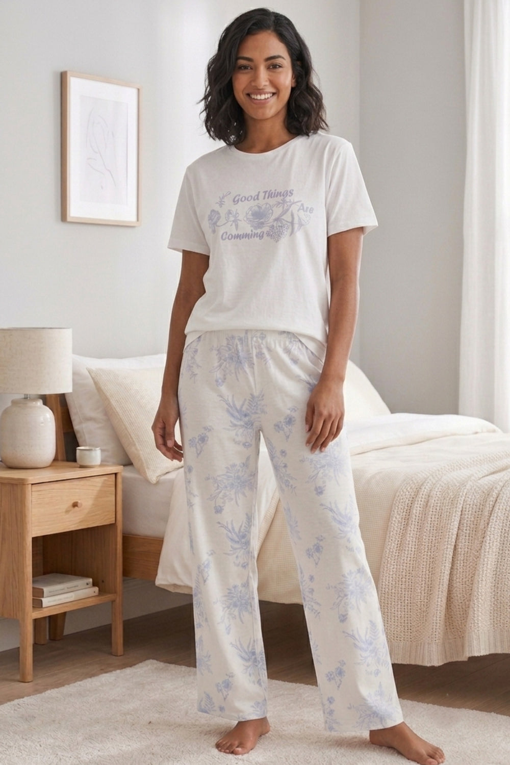 Floral Graphic Comfort Pajama Set – White