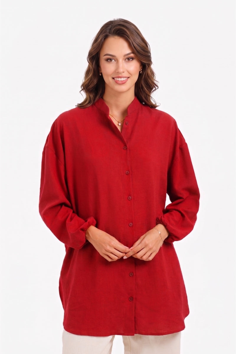 Mandarin Collar Tunic Shirt - Red
