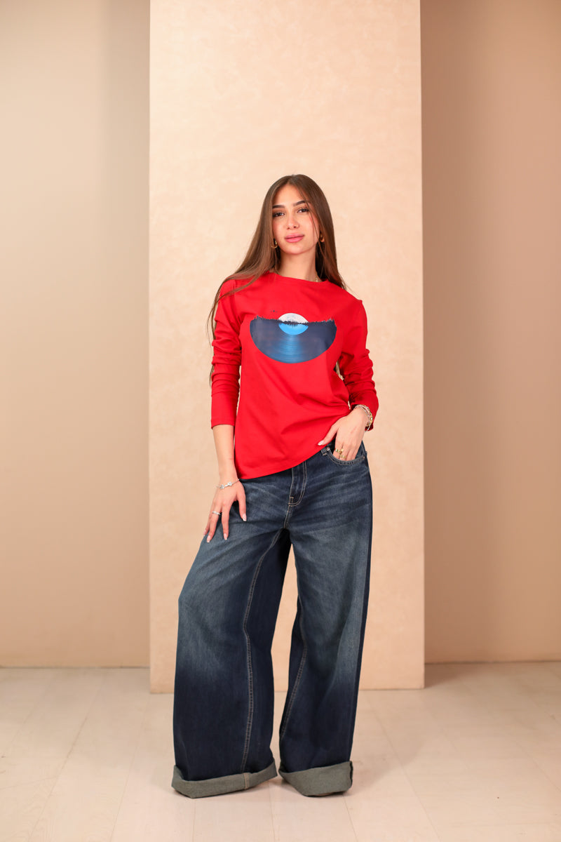 Long Sleeves Red Printed Oversize T-Shirt