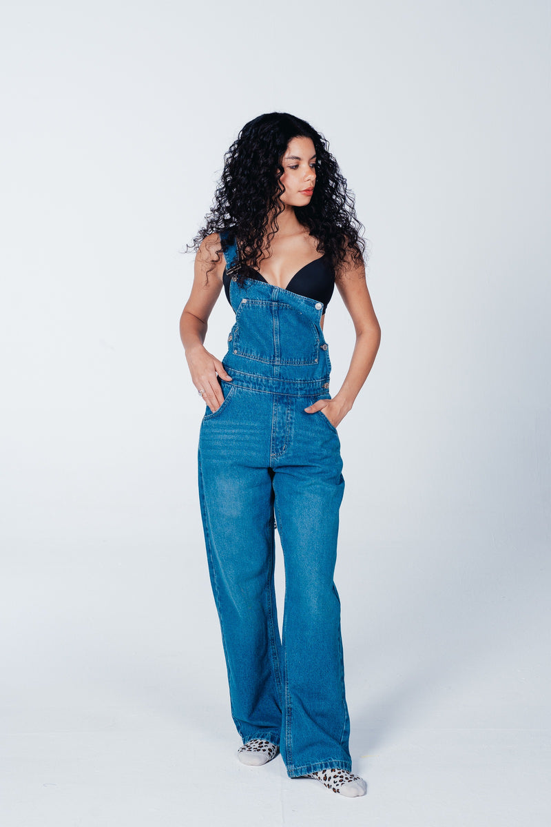 Bib-Front Wide-Leg Denim Jumpsuit – Blue