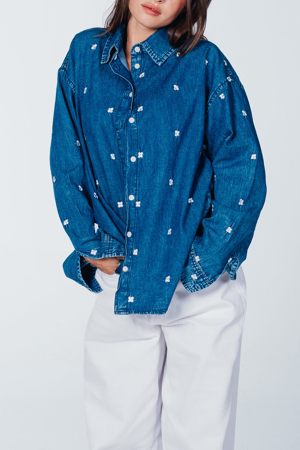 Floral Embroidered Denim Shirt – Navy