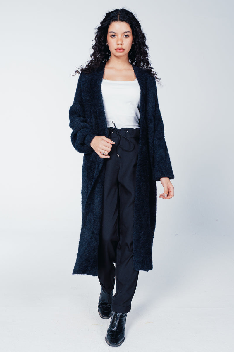 Fuzzy Open-Front Midi Cardigan – Black