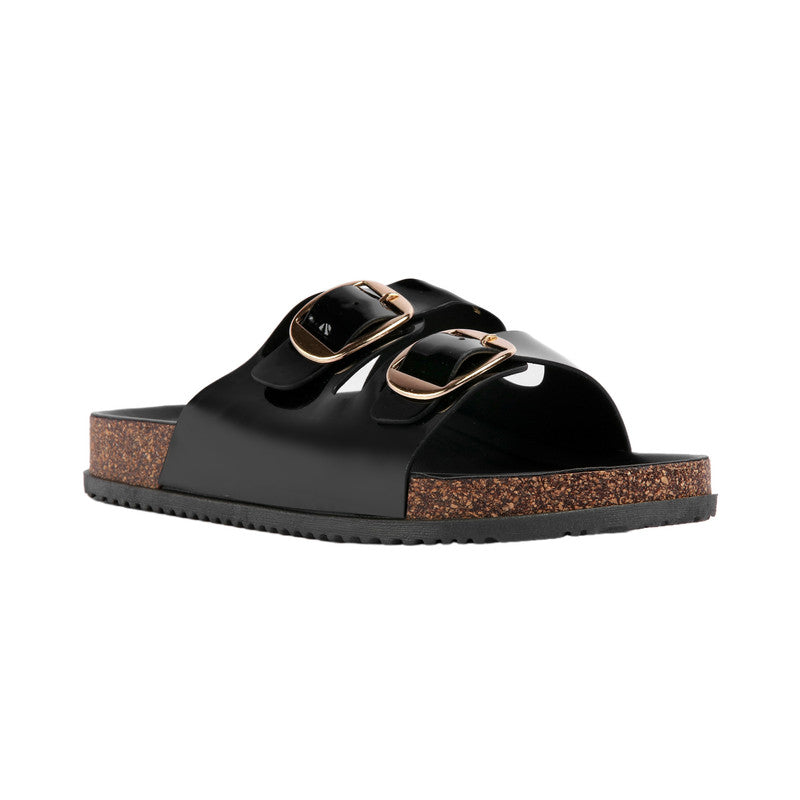 PU Leather Double Buckle Cork Slippers – Black