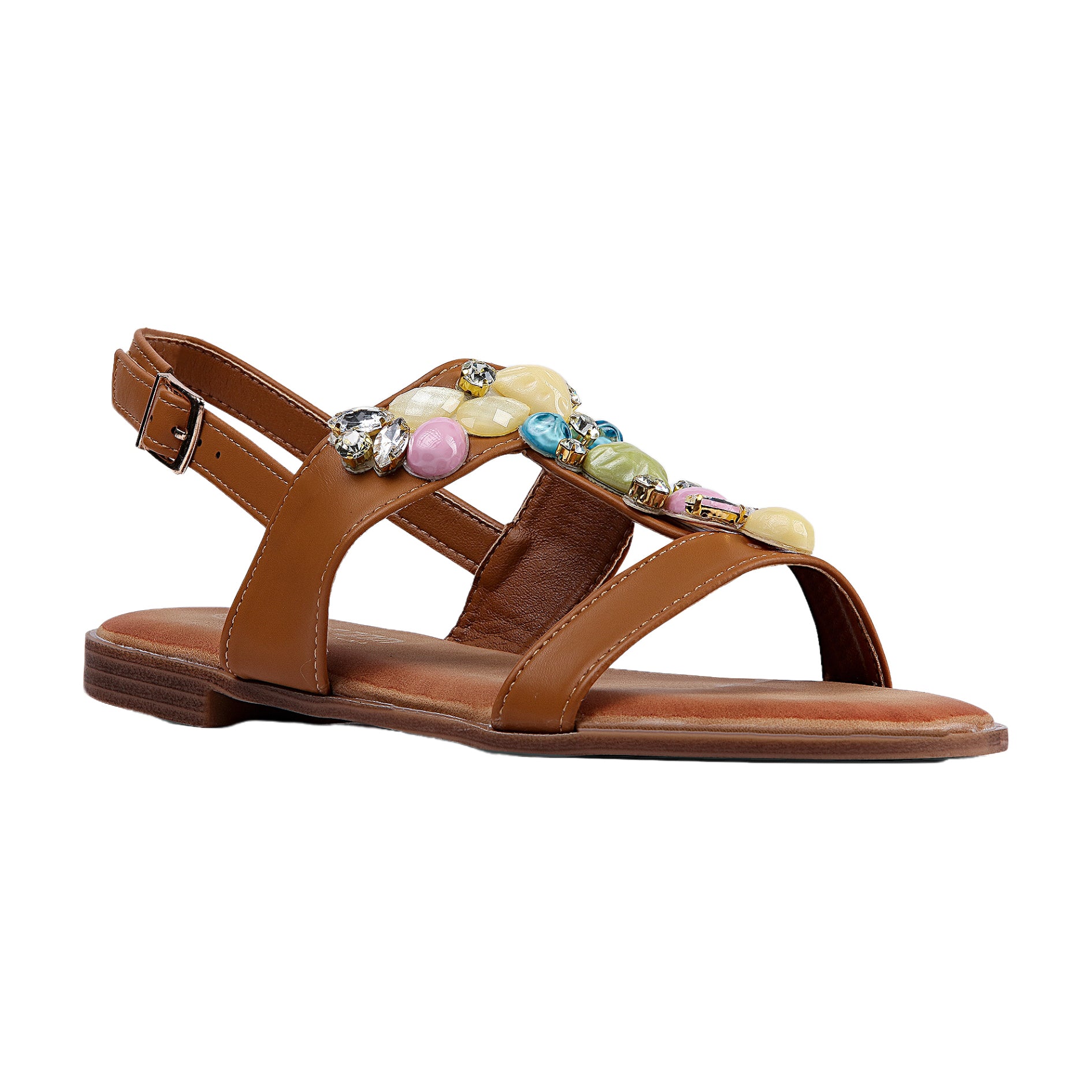 Beaded T-Strap Sandal - Camel