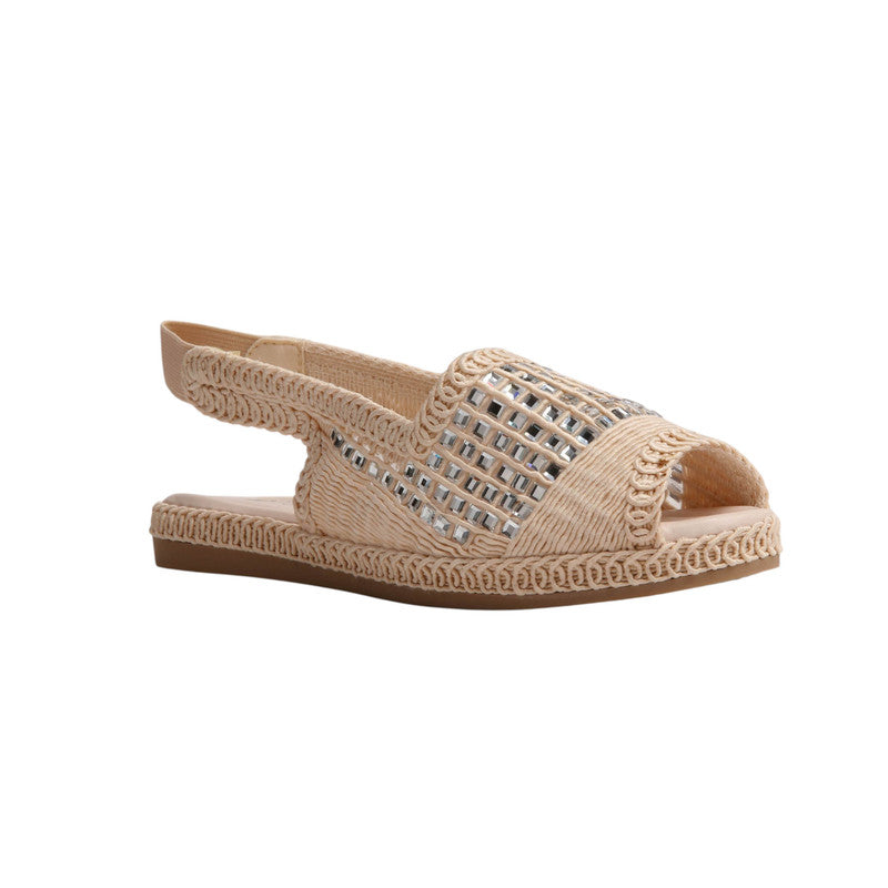 Woven Embellished Slingback Sandals – Beige
