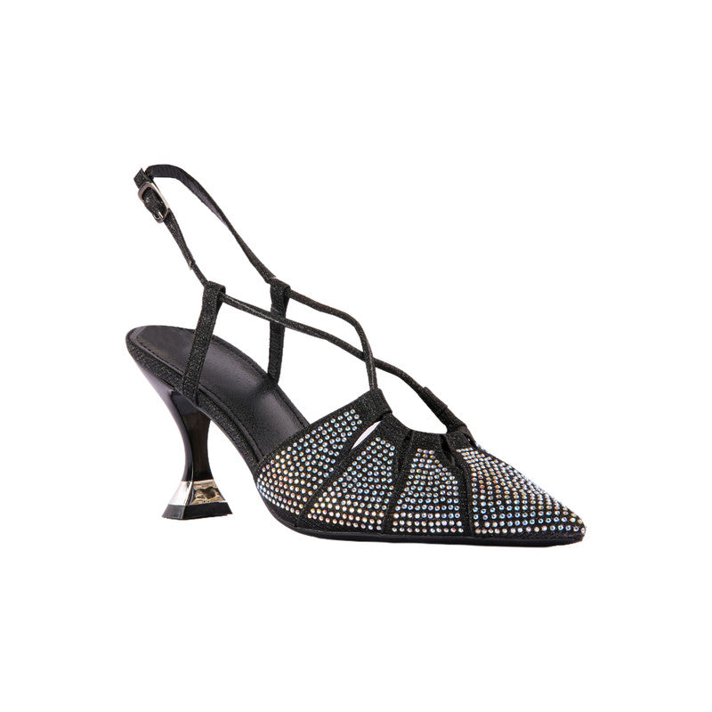 PU Leather Rhinestone Strappy Heels – Black