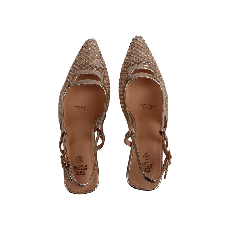 Mesh Studded Slingback Heels – Gold