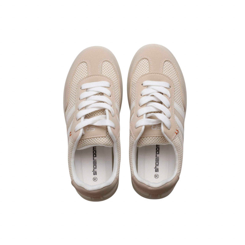 PU Leather Mesh Platform Sneakers - Beige