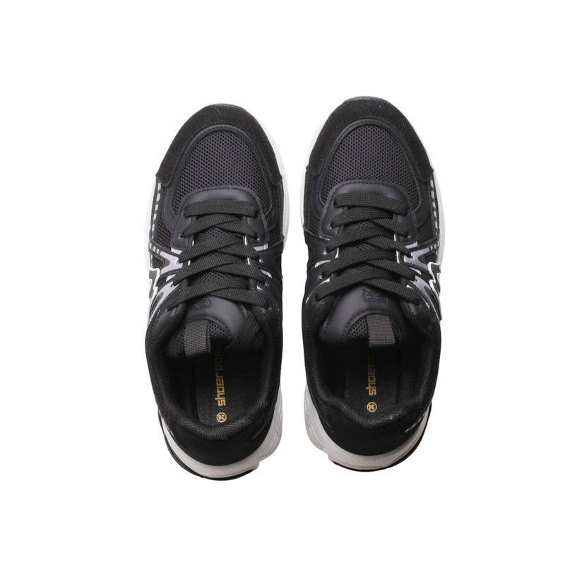PU Leather Mesh Running Sneakers - Black