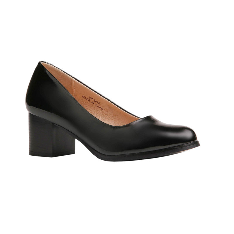 Faux Leather Classic Block Heels - Black