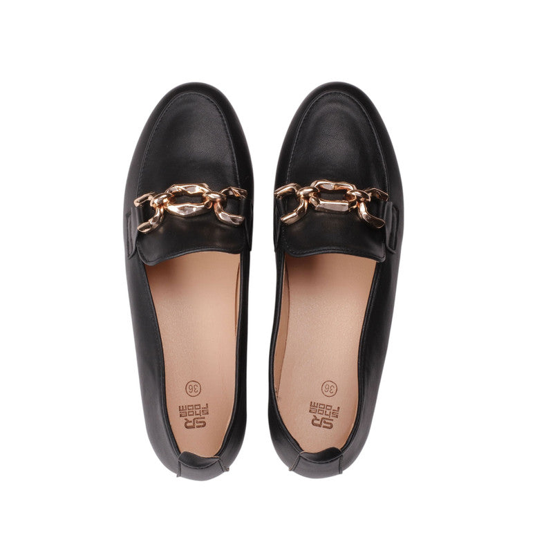 PU Leather Chain Loafers - Black