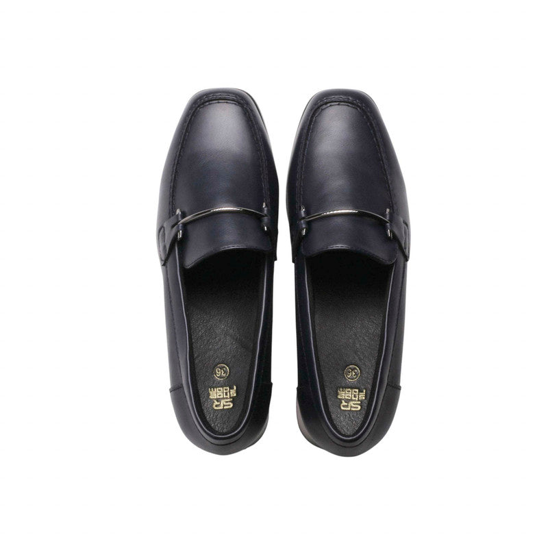 PU Leather Buckle Block Heel Loafers - Navy