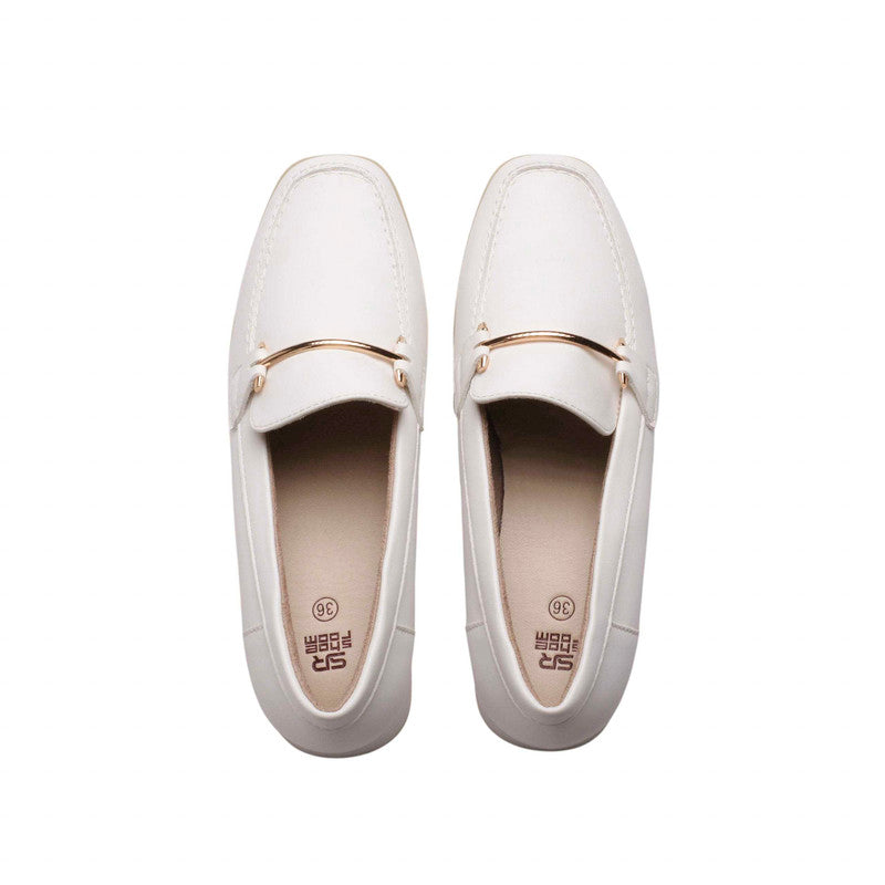 PU Leather Buckle Block Heel Loafers - White