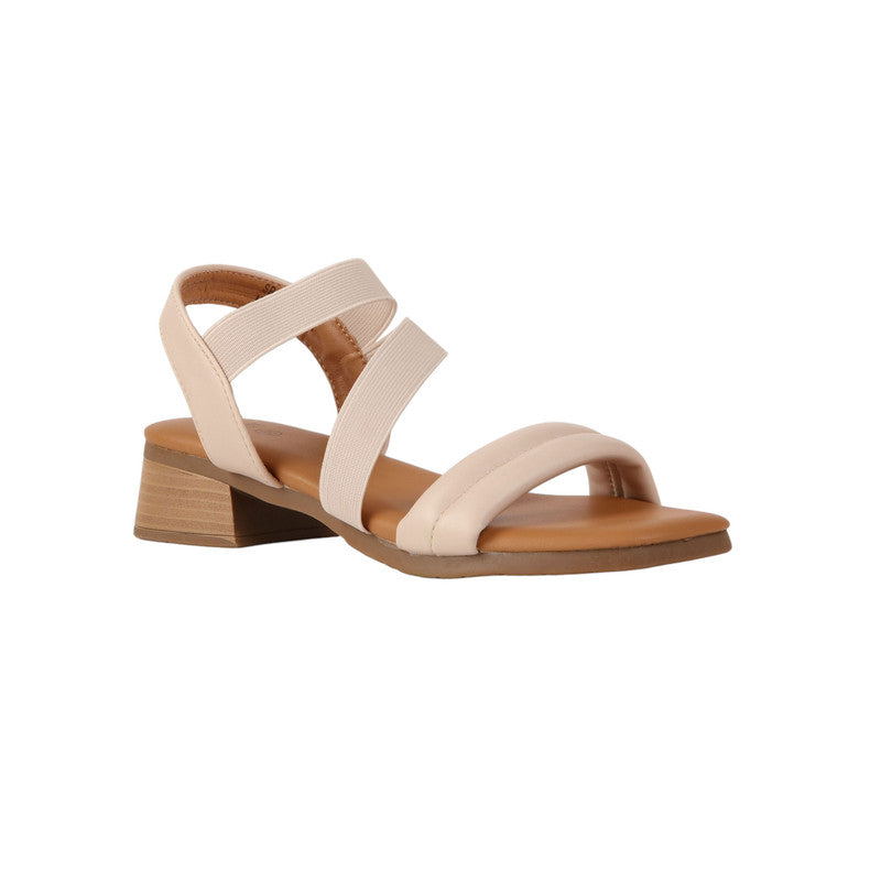 PU Leather Strappy Block Heel Sandals - Beige