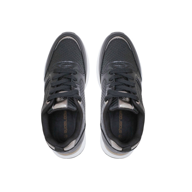 PU Leather Studded Snake-Pattern Sneakers - Black