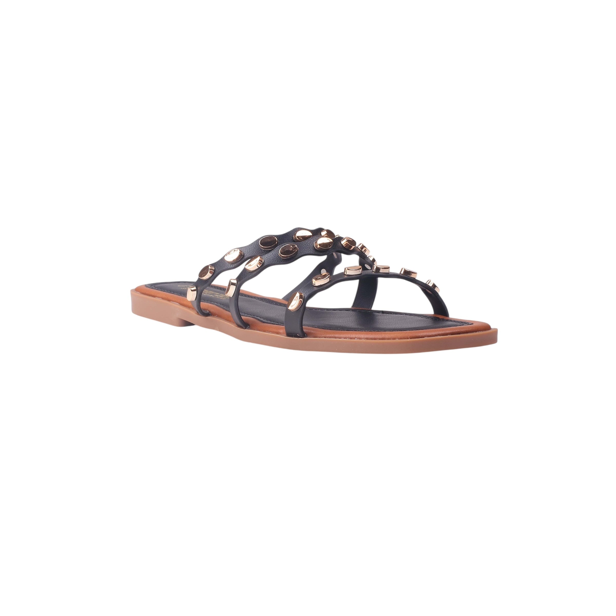 Studded Multi-Strap Flat Slippers - Black