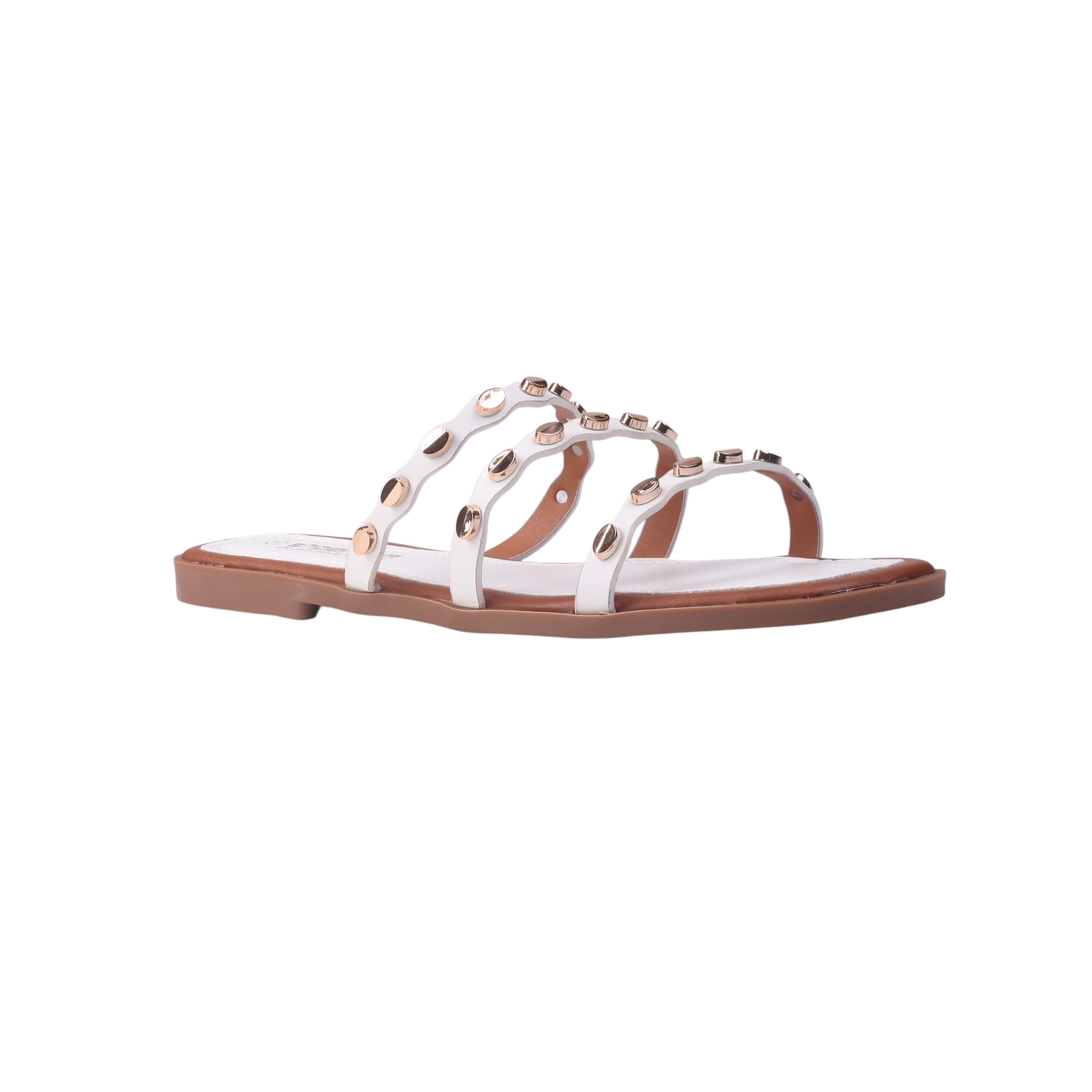 Studded Multi-Strap Flat Slippers - White