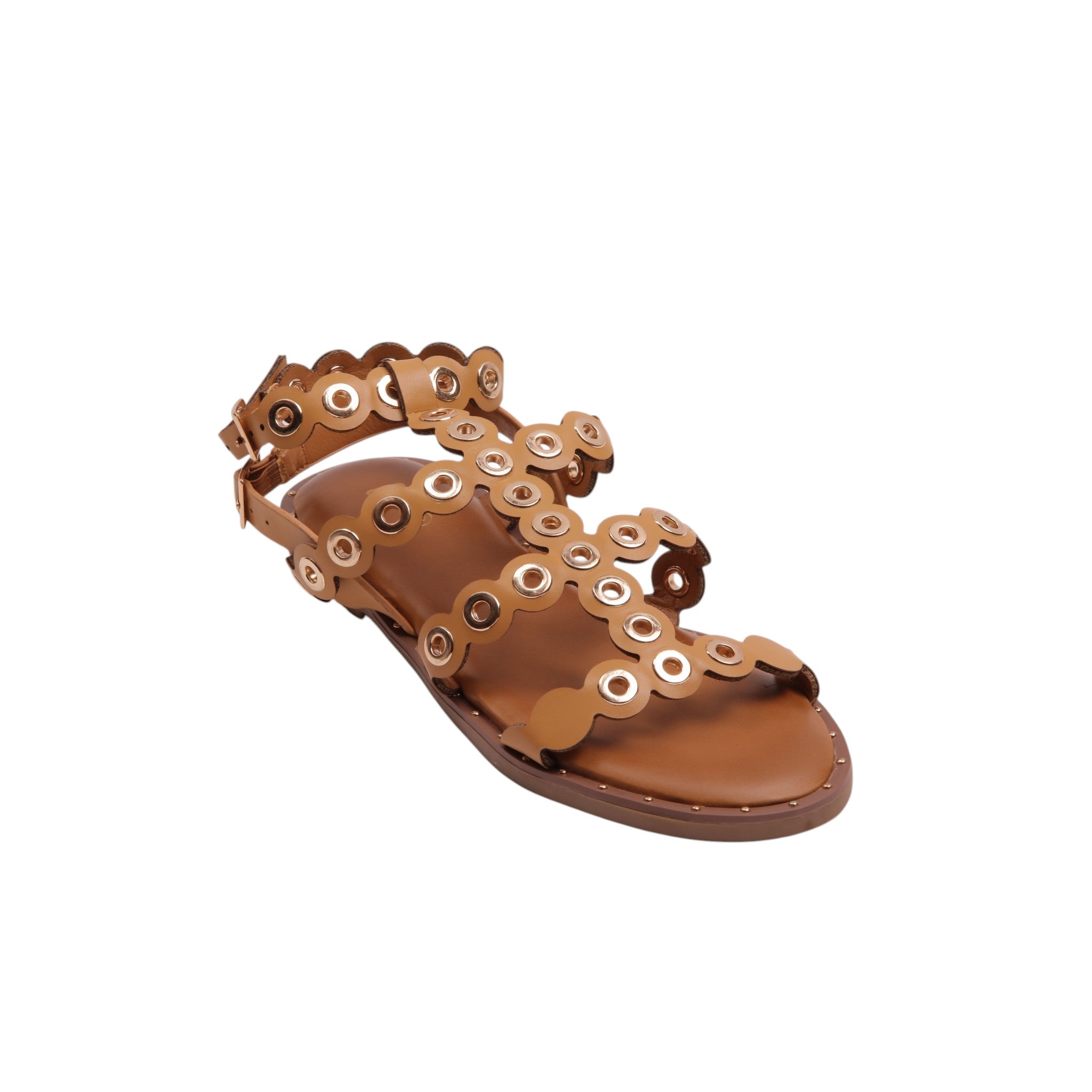 Eyelet Gladiator Flat Sandals - Camel