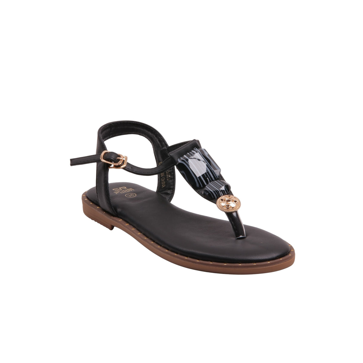 Embellished Toe-Loop Flat Sandals - Black
