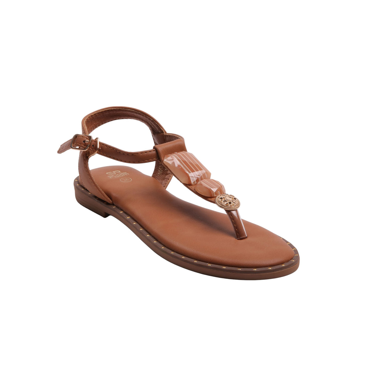 Embellished Toe-Loop Flat Sandals - Camel