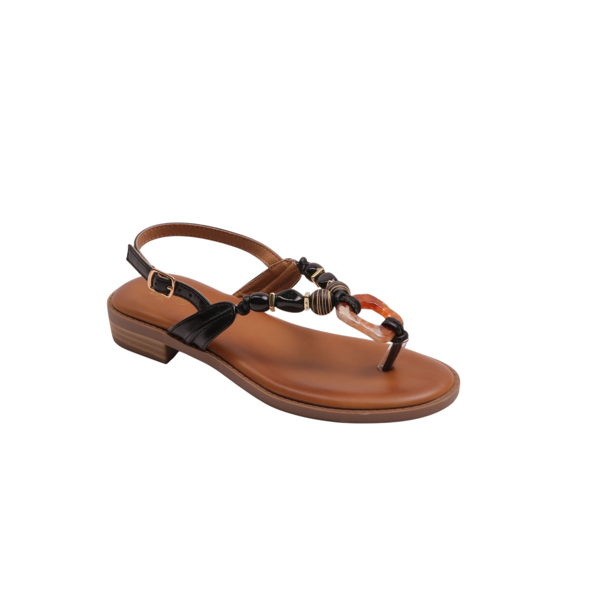 Beaded T-Strap Sandals - Black