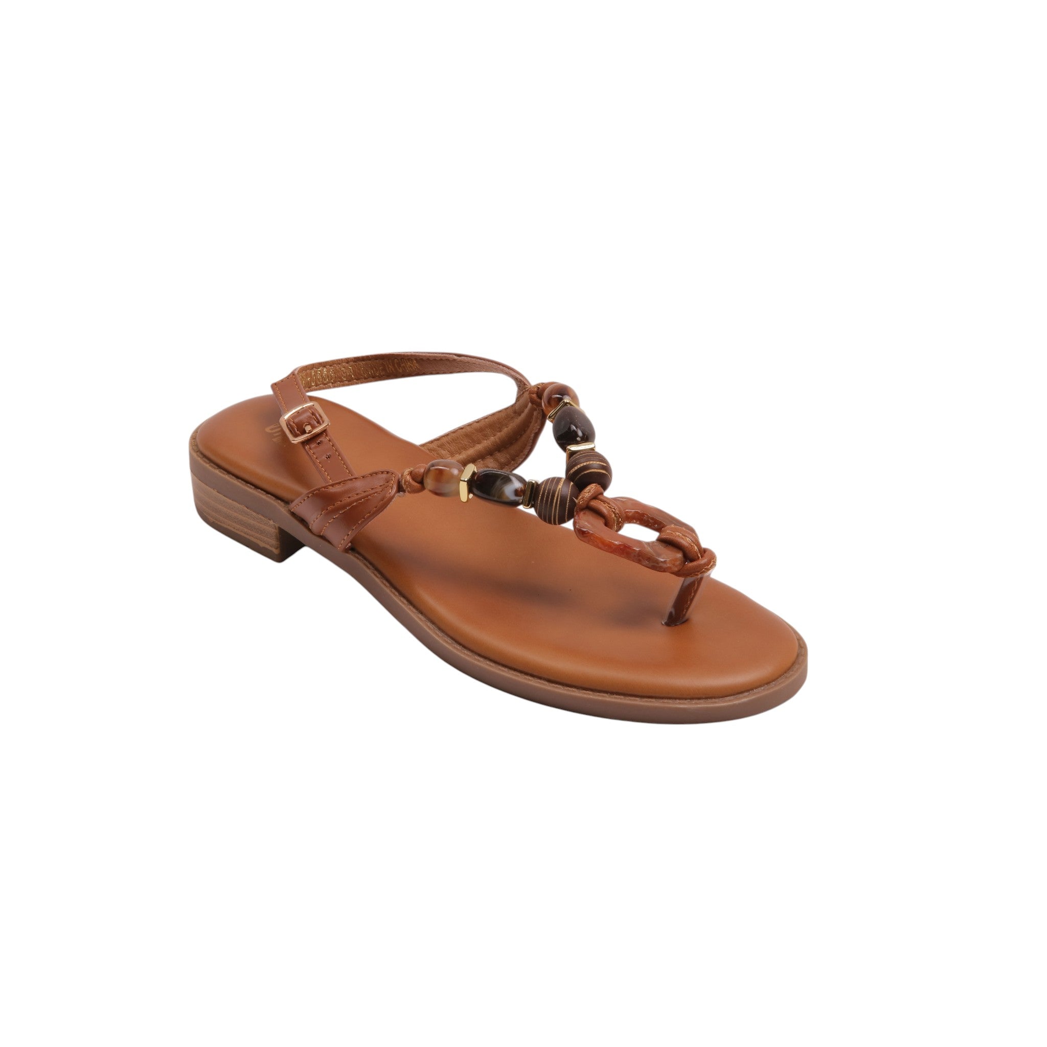 Beaded T-Strap Sandals - Camel
