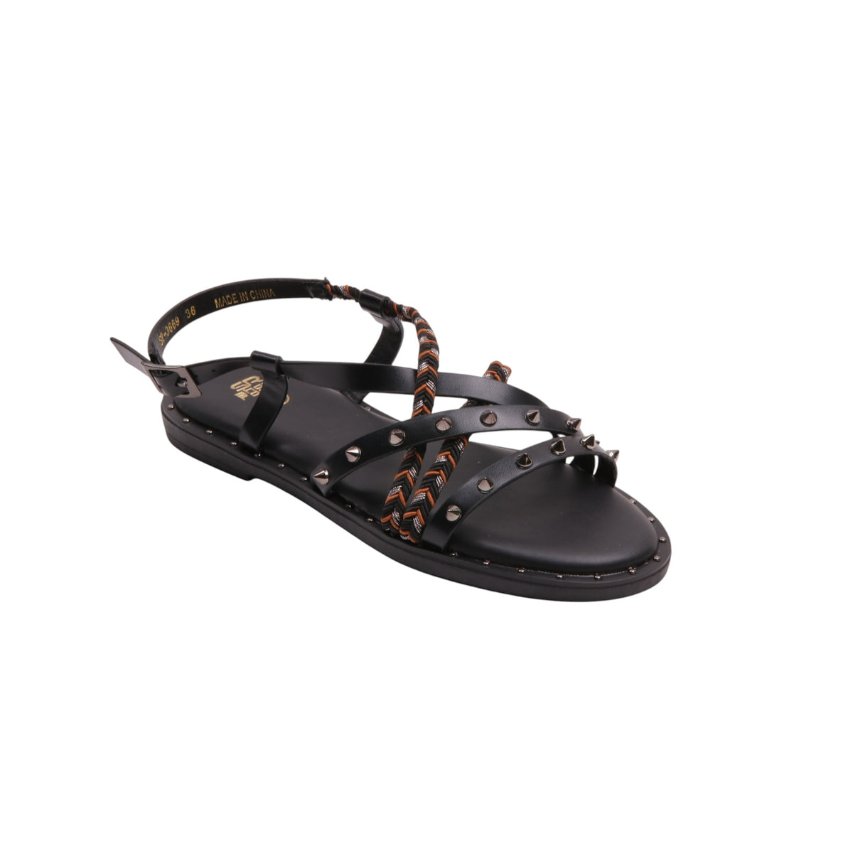 Studded Woven Strap Flat Sandals - Black