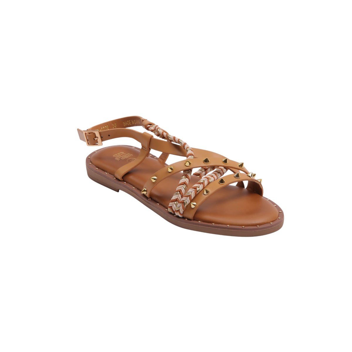 Studded Woven Strap Flat Sandals - Camel