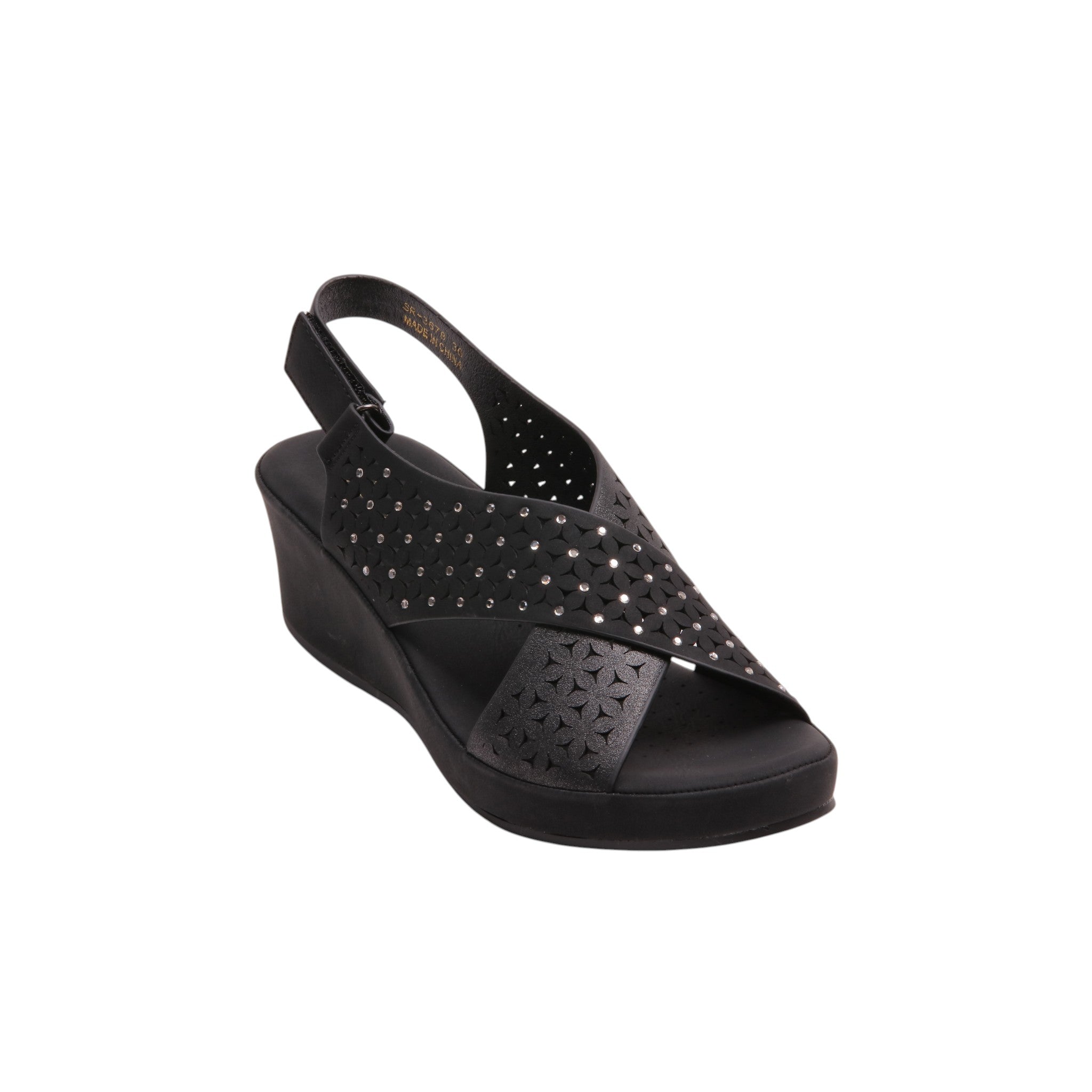 Laser Cut Cross Strap Comfort Sandals - Black