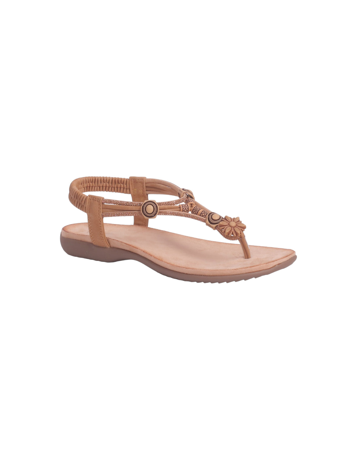 Floral Embellished Flat Toe-Loop Sandals - Camel