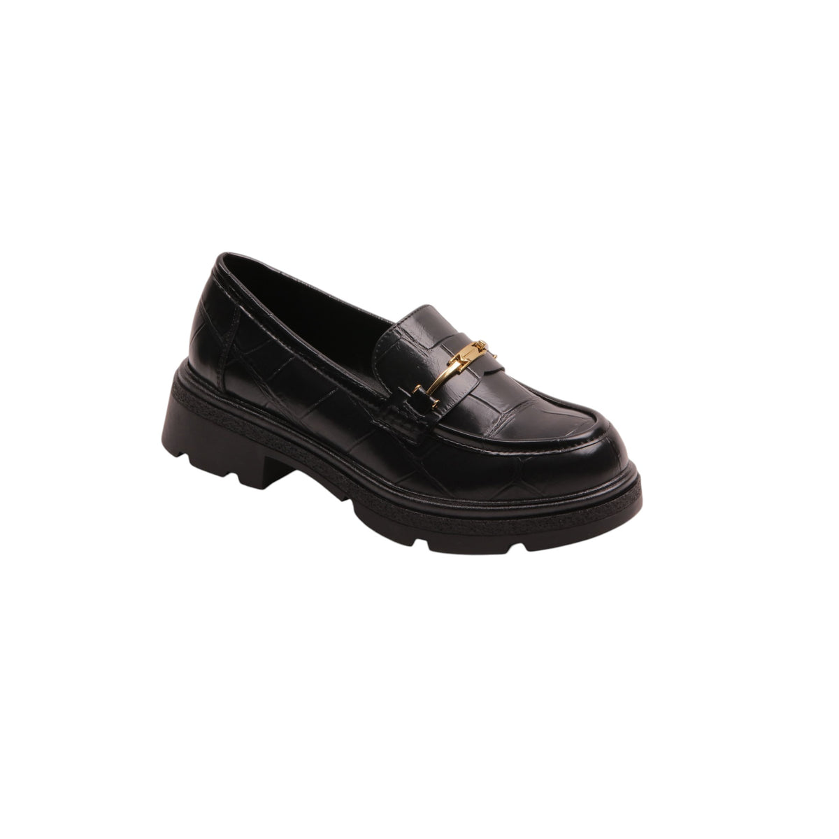 Crocodile Texture Buckle Loafers - Black