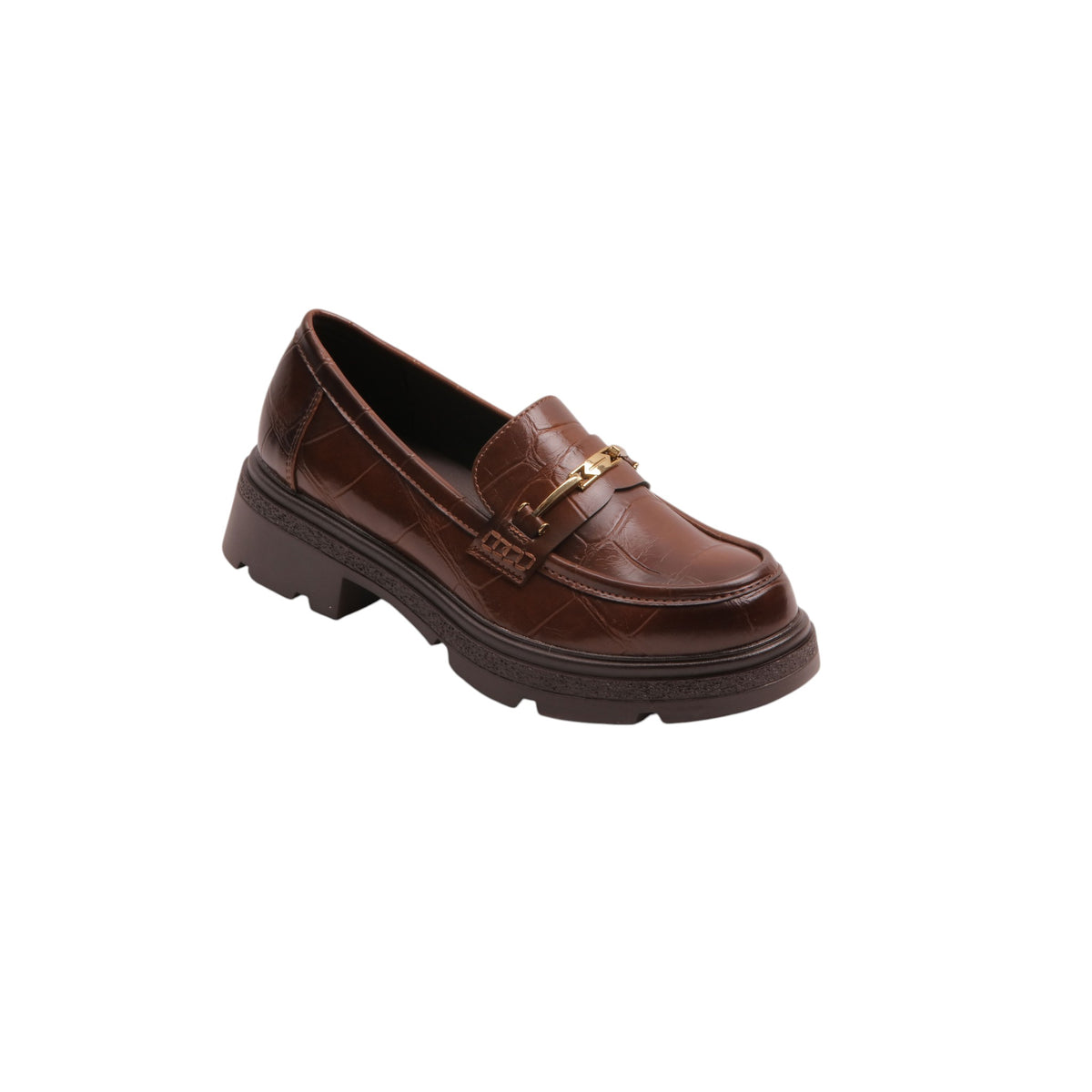 Crocodile Texture Buckle Loafers - Brown
