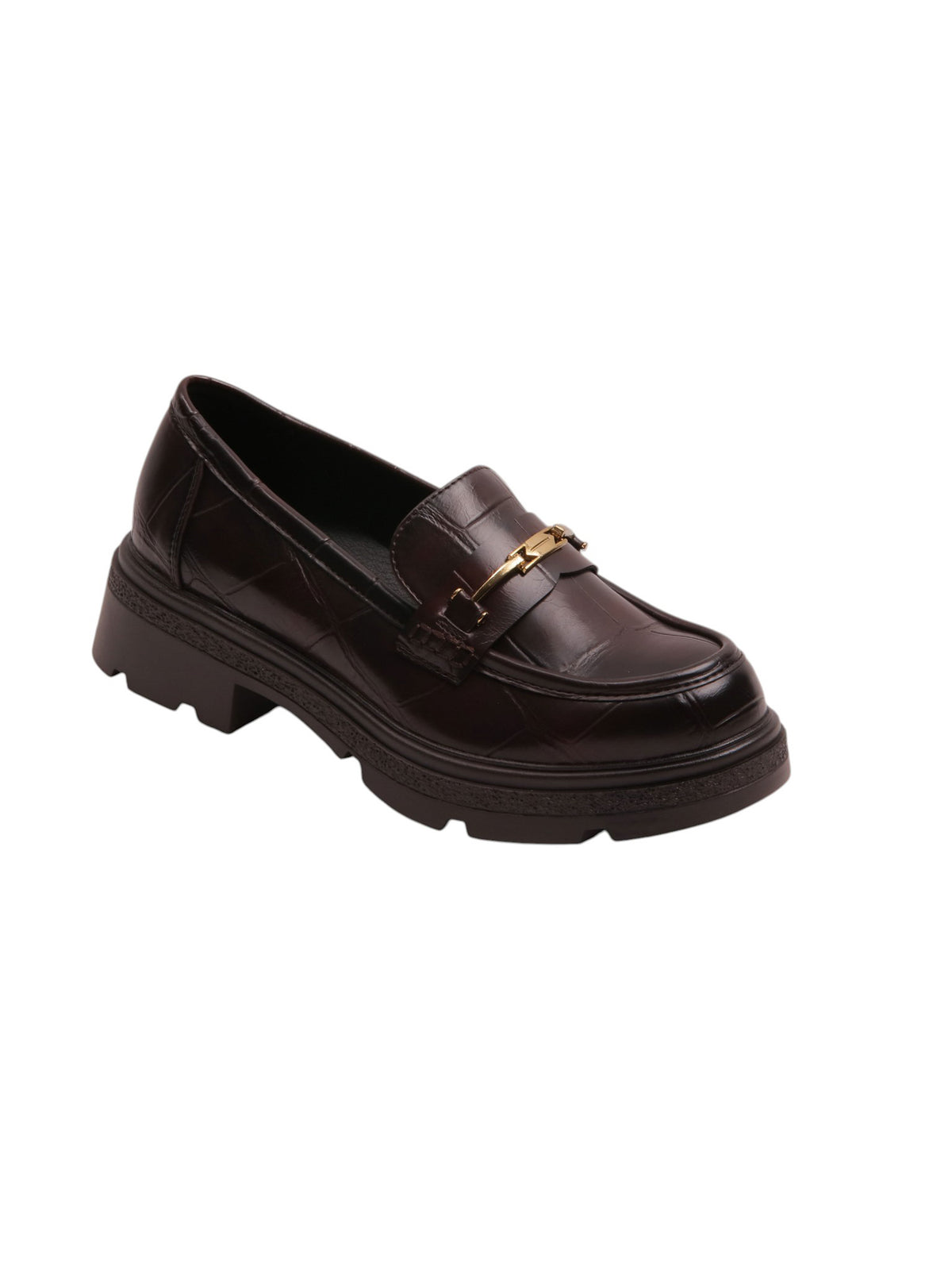Crocodile Texture Buckle Loafers - Burgundy