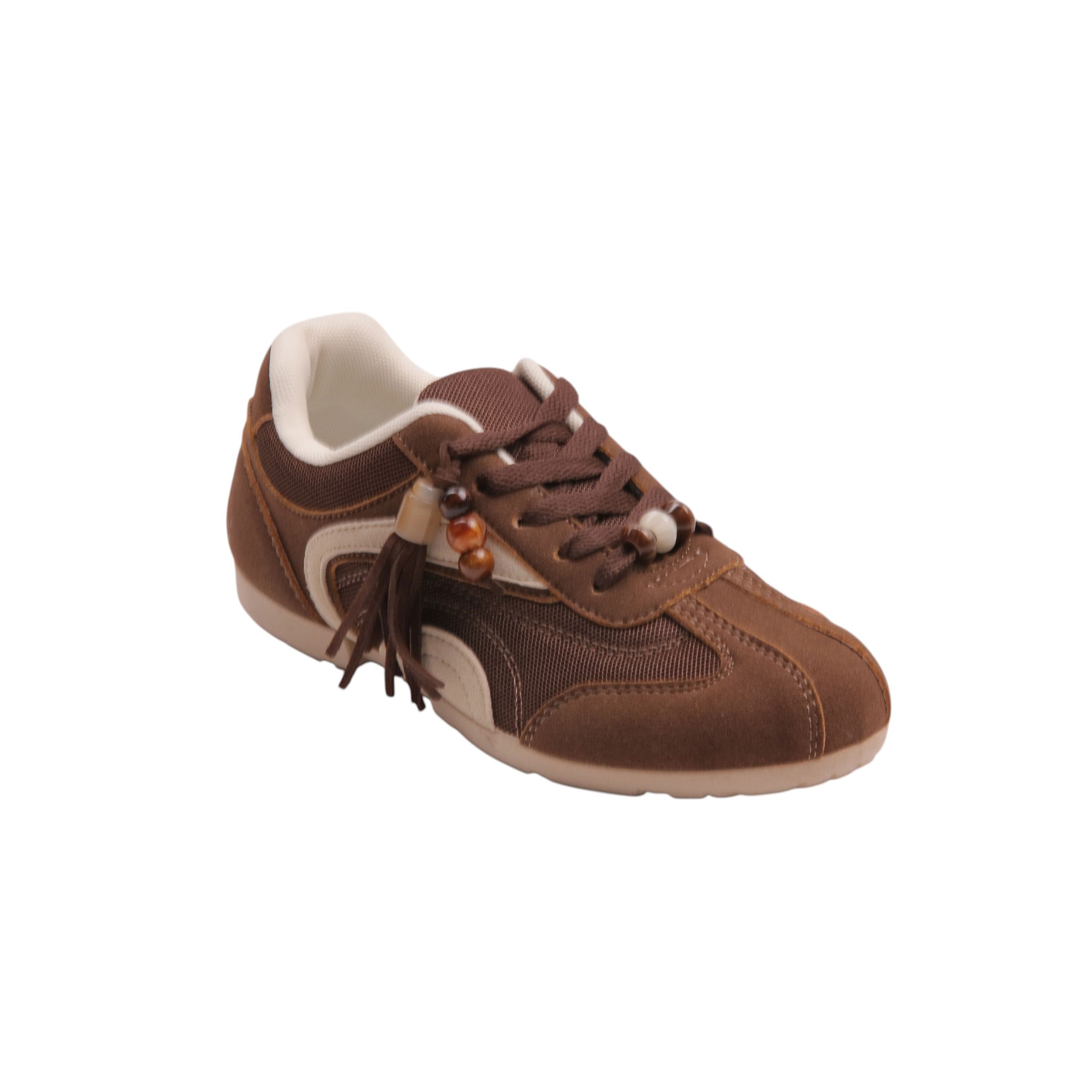 Casual Mesh Sneakers with Beaded Charm - Brown