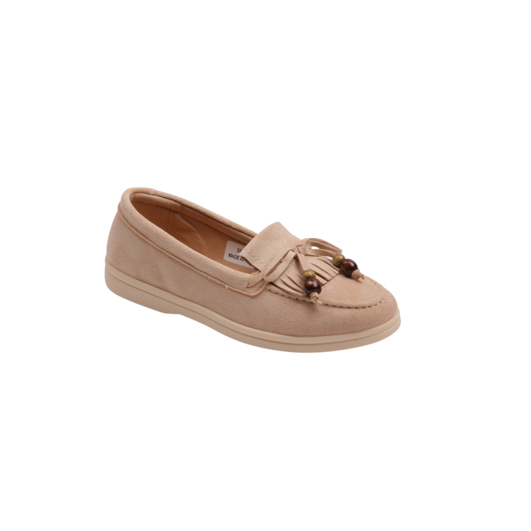 Suede Tassel Loafers with Beaded Detail - Beige