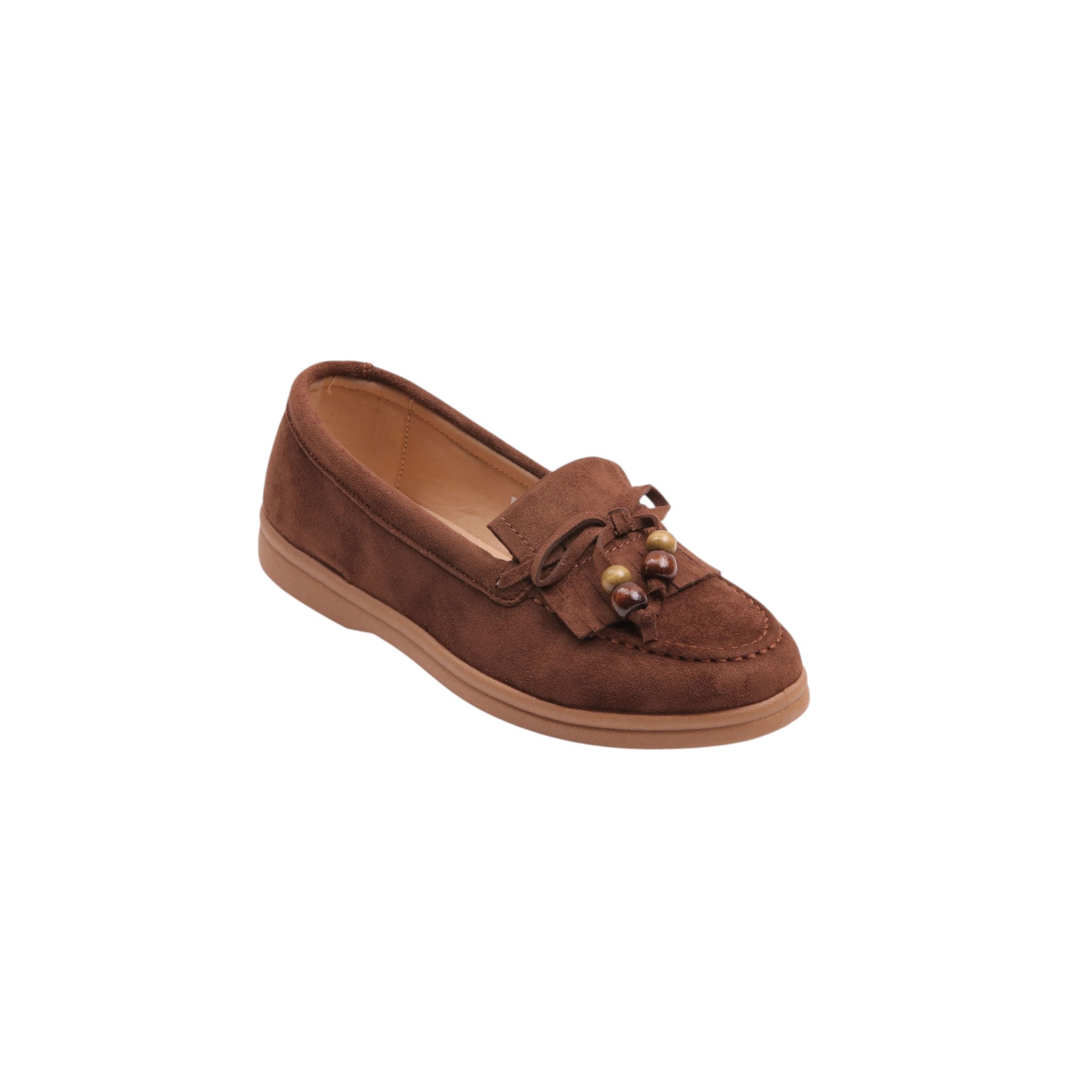 Suede Tassel Loafers with Beaded Detail - Brown