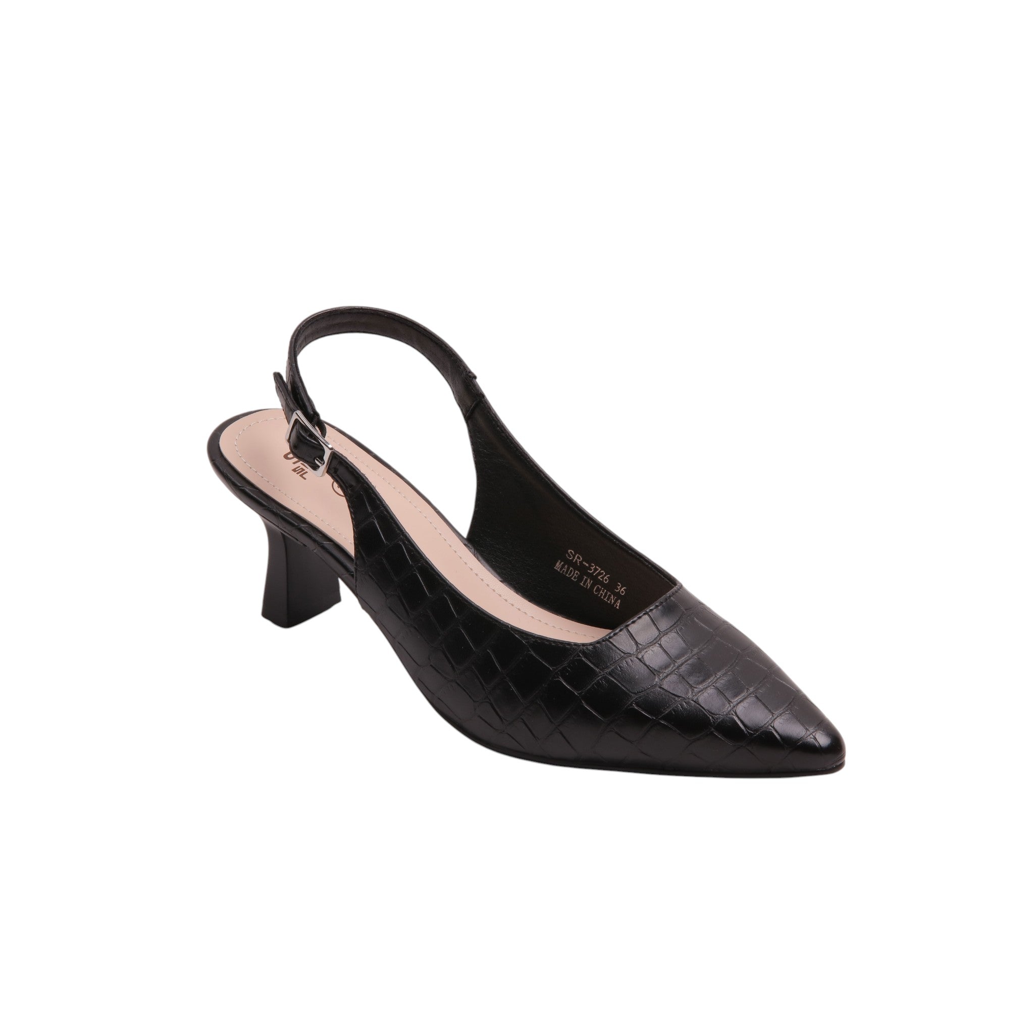 Croc-Texture Pointed Slingback Heels - Black