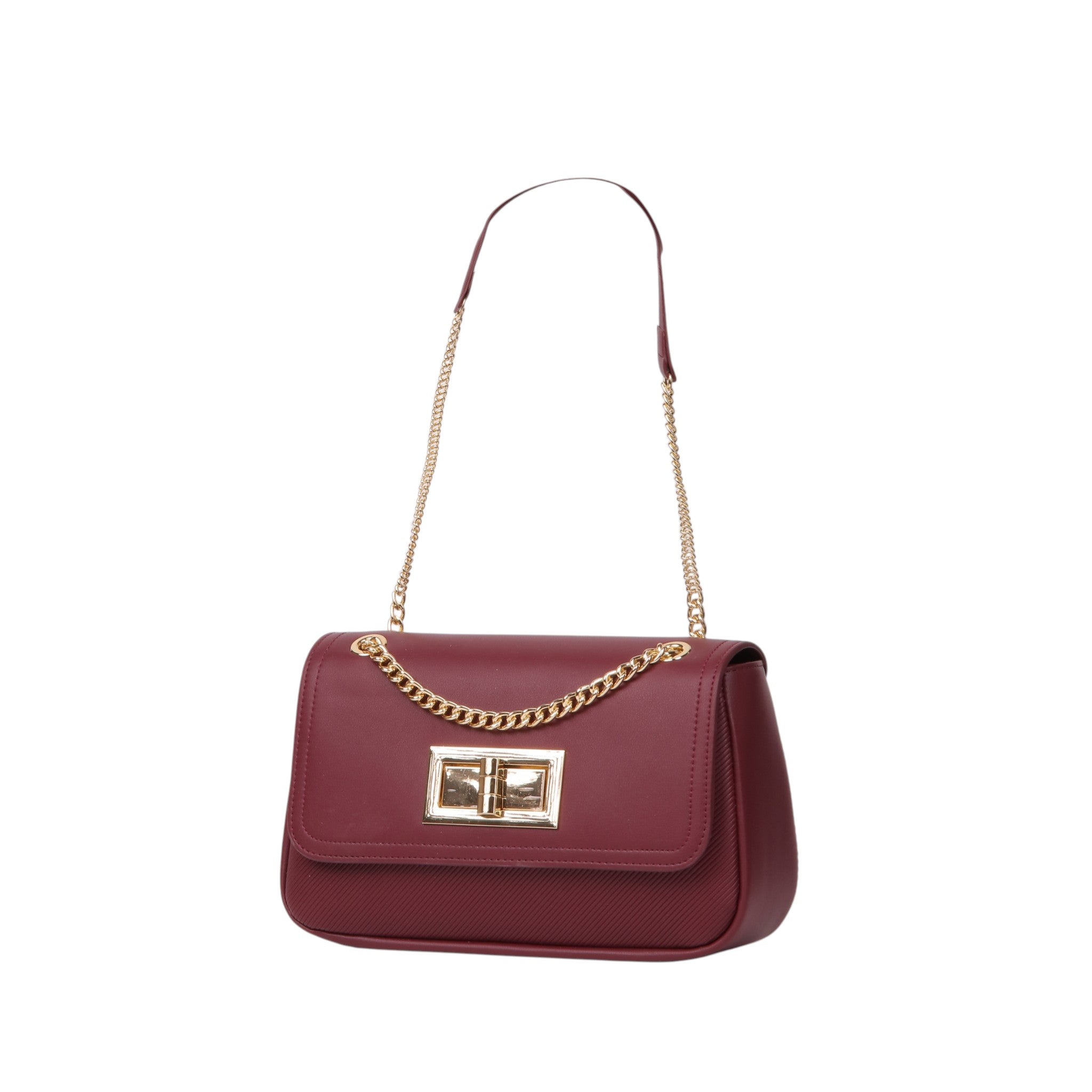 Chain Strap Flap Shoulder Bag with Turn Lock - Burgundy