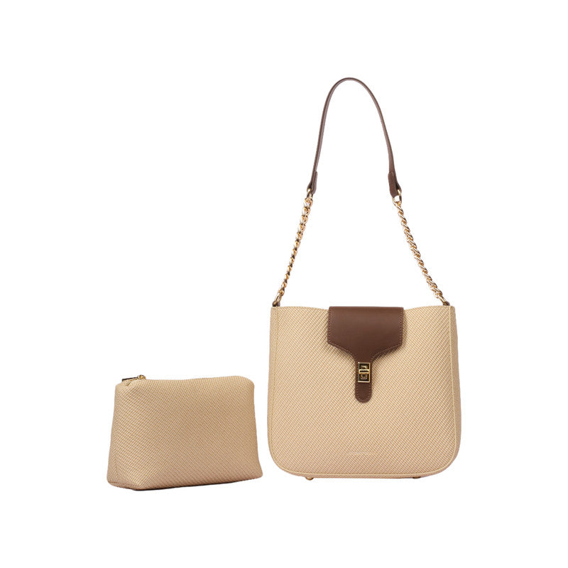 PU Leather Textured Shoulder Bag Set – Beige