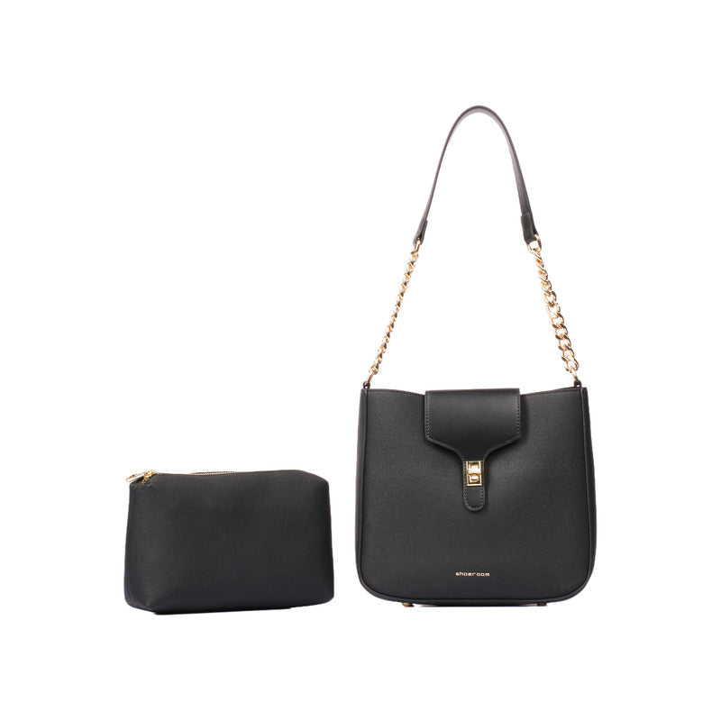 PU Leather Textured Shoulder Bag Set – Black