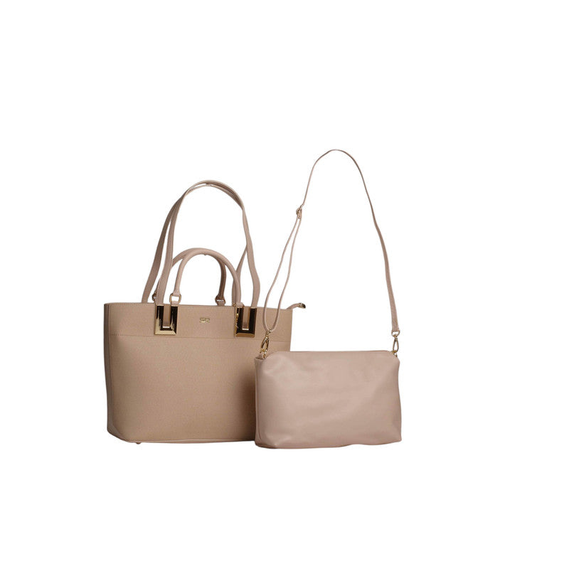 PU Leather Solid Tote Bag Set – Beige